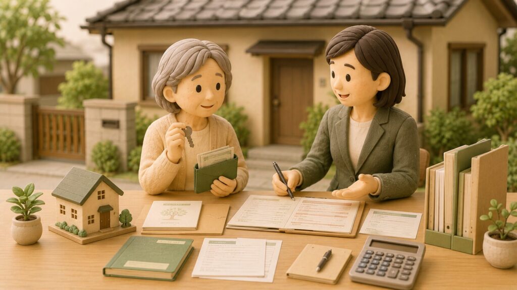 夫を亡くした高齢の女性が、自宅の鍵と財布を持ち、専門家と相続手続きの書類を確認しているイラスト