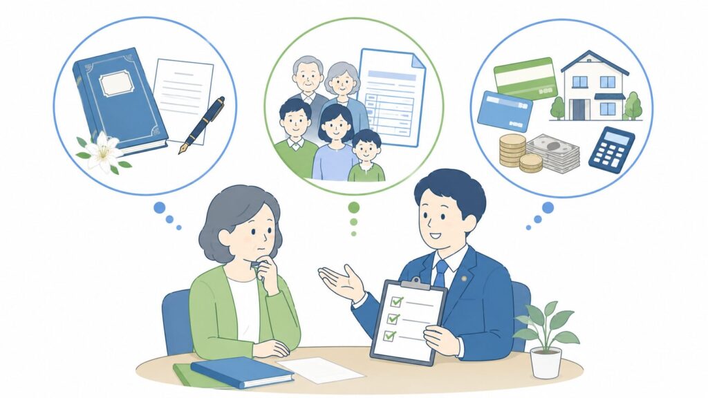 相続発生後に確認する遺言書、相続人と戸籍、預貯金・不動産・借金について行政書士へ相談する様子