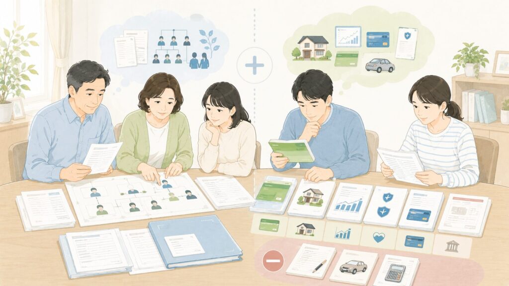 戸籍や家系図で相続人を確認し、預貯金や不動産、借金などの相続財産を調査する家族