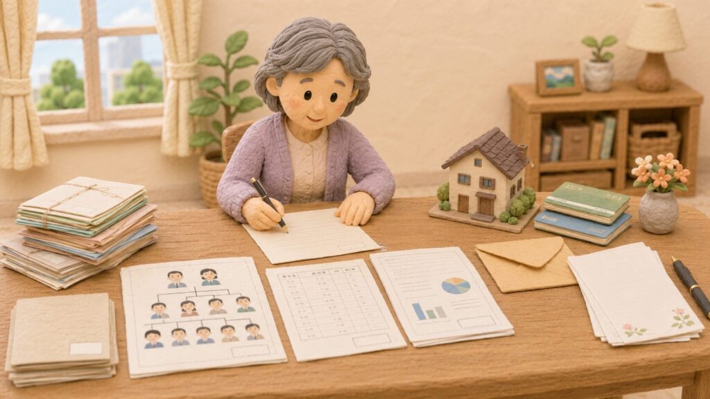 亡くなった夫の兄弟姉妹へ、相続関係説明図や財産目録を添えて手紙を送る準備をする妻