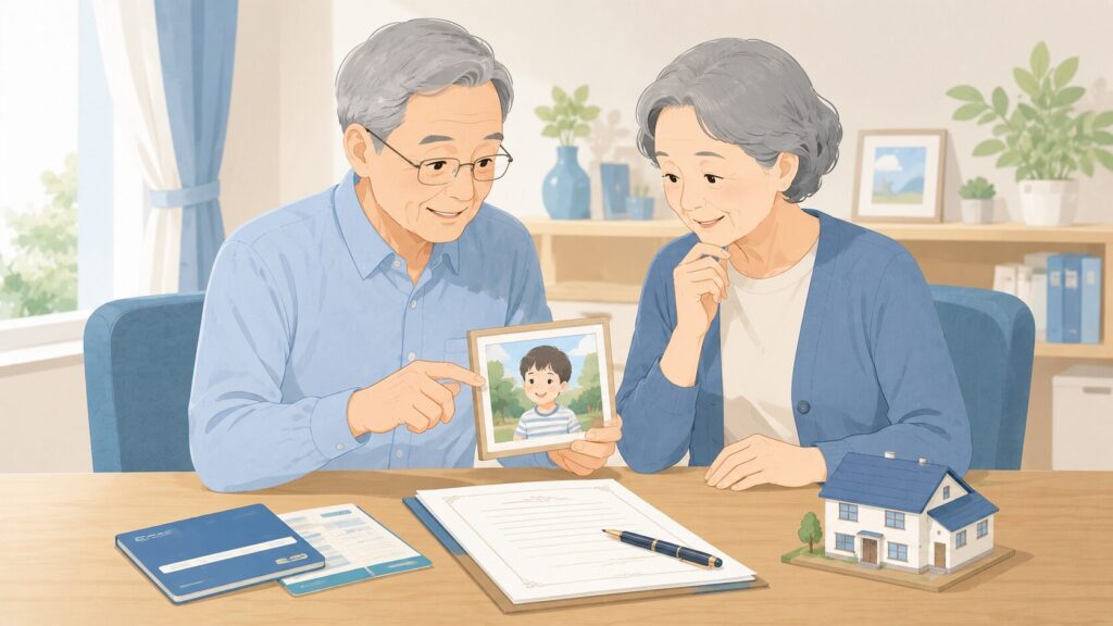 孫の写真を見ながら、遺言書や預貯金、不動産の残し方について話し合う高齢の祖父母のイラスト
