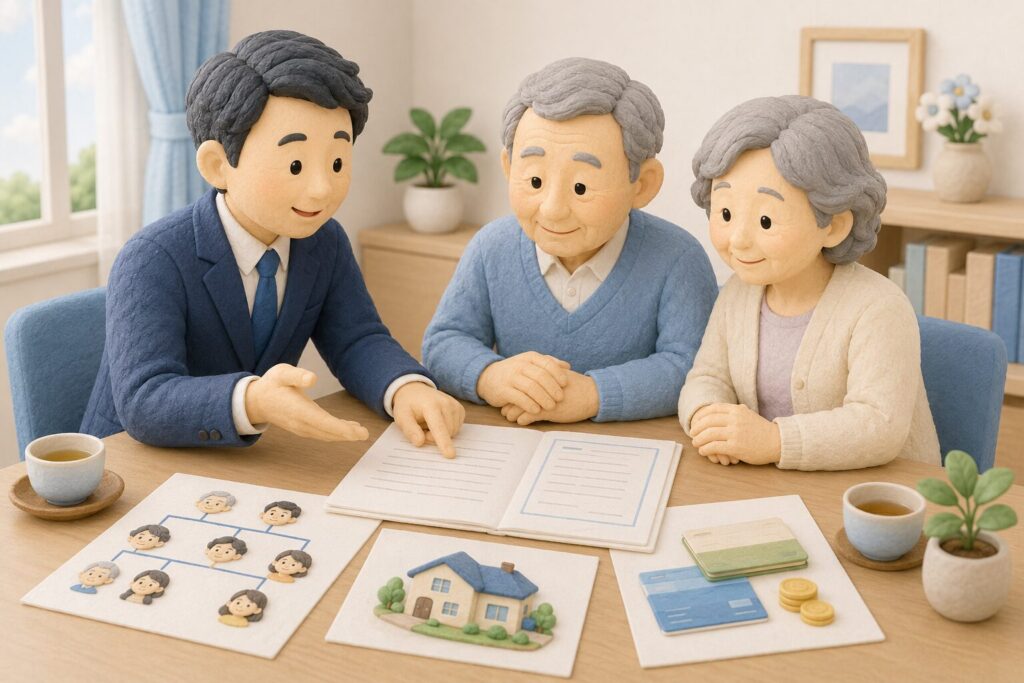 高齢夫婦が行政書士と、家族関係や不動産、預貯金の資料を見ながら遺言書全体を確認しているイラスト