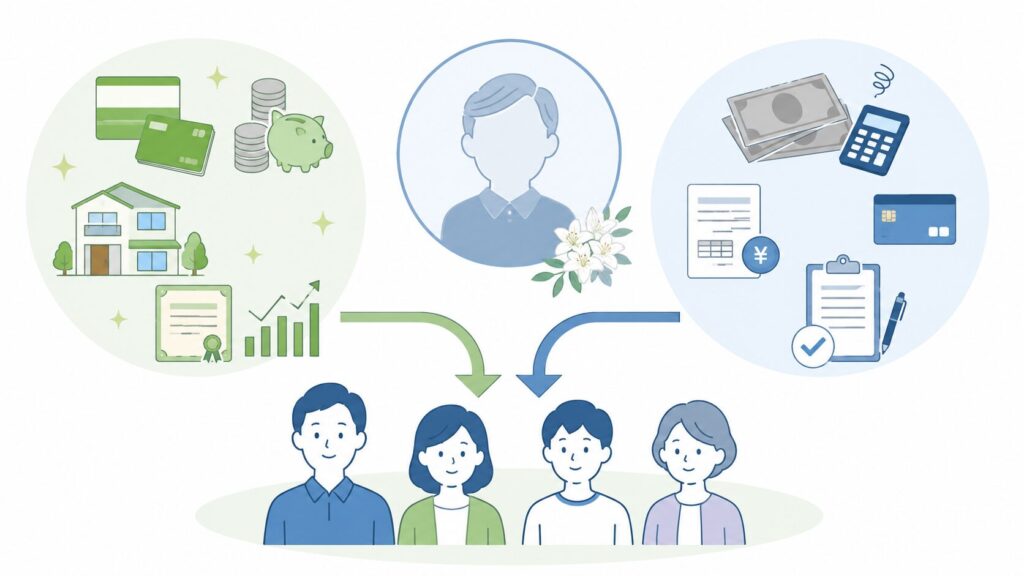 亡くなった人の預貯金や不動産などの財産と、借金や未払金などの負債が相続人へ引き継がれることを示すイラスト
