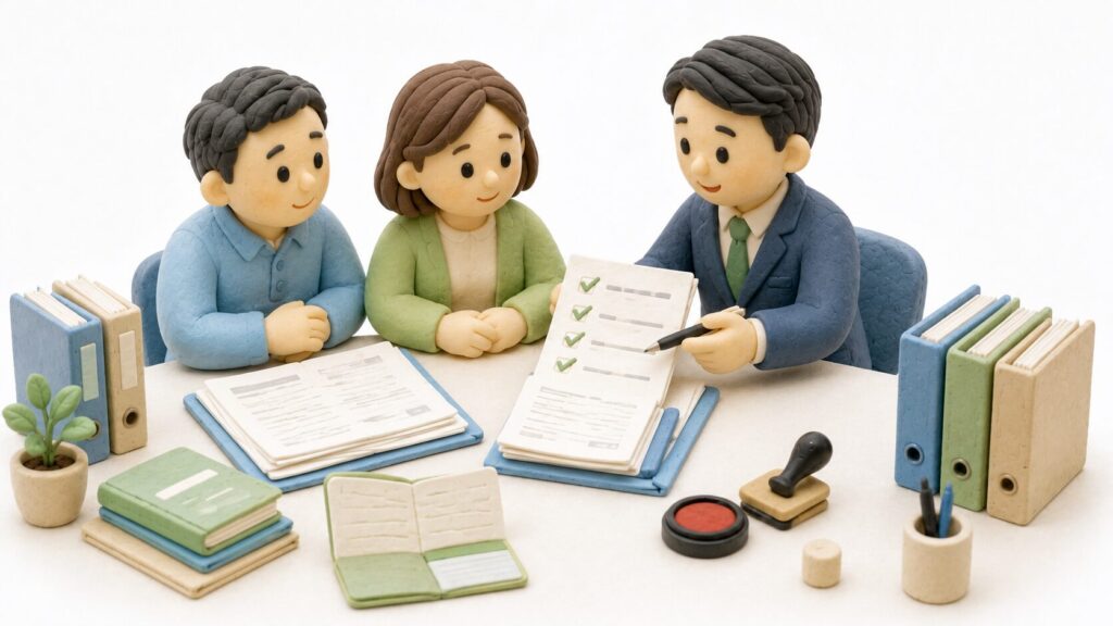 行政書士が家族と相続書類を確認し、不足や押印ミスによる手戻りを防ぐ粘土細工風イラスト