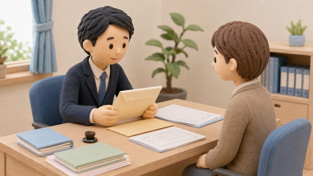家庭裁判所で職員が封筒入りの自筆証書遺言を確認し、相続人が説明を受けている様子