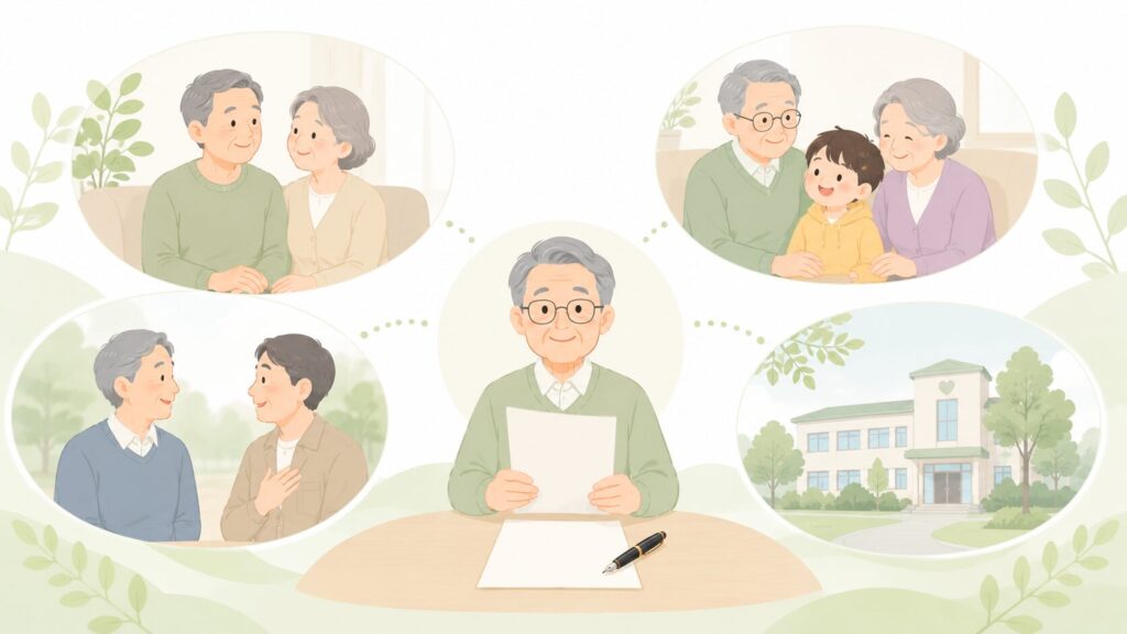 遺言書を持つ高齢者の周囲に、内縁の配偶者、孫、友人、公益団体が配置された遺贈の主なケースを表すイラスト