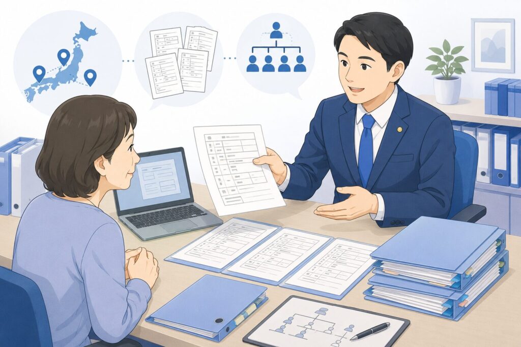 行政書士が依頼者に戸籍書類を説明し、複数の市区町村から集めた戸籍や家系図を整理しながら相続手続きを支援している様子。