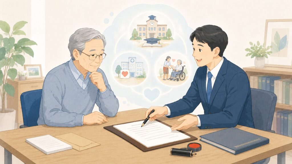 公正証書遺言による寄付について、高齢者が専門家と遺言書の内容を確認しているイラスト