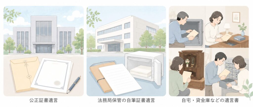 公証役場、法務局、自宅で遺言書を探す3つの方法を示したイラスト