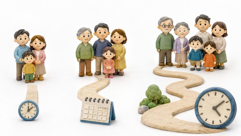 相続手続きにかかる期間の違いを、短い道・中くらいの道・長く曲がった道と家族で表した粘土細工風イラスト