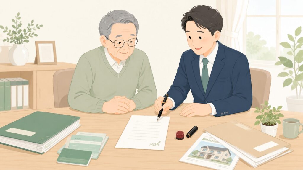 高齢者と行政書士風の専門家が、机上の遺言書や財産資料を確認しながら遺贈内容を相談しているイラスト