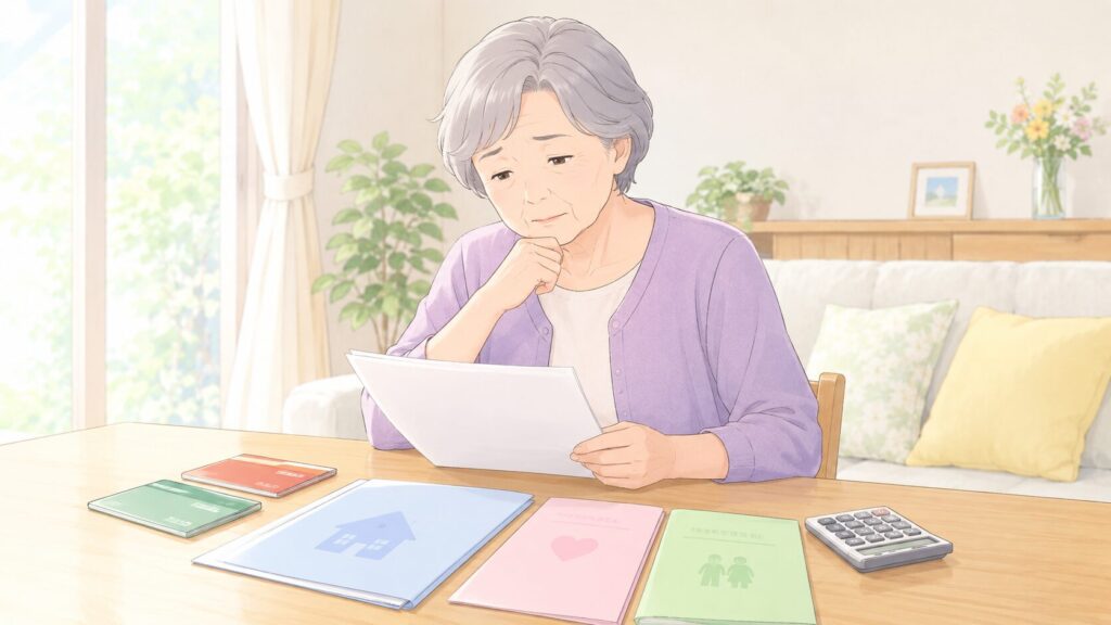 夫を亡くした後の生活に不安を感じ、通帳や住宅、生命保険、年金の書類を整理する高齢女性