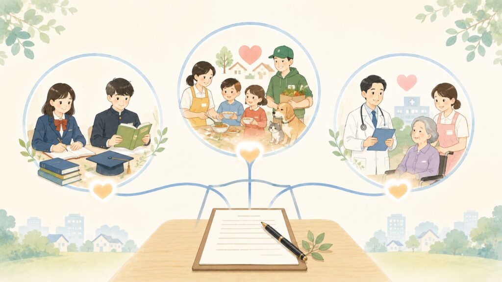 遺言書による寄付で教育支援、NPO活動、医療・福祉支援につながる3つの活用例を表したイラスト