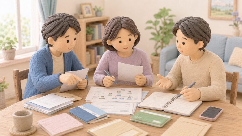 相続関係の書類を囲み、情報共有と役割分担について話し合う40代から50代の兄弟姉妹3人