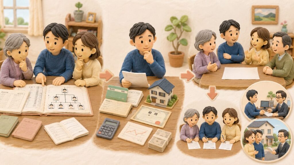 遺言書がない場合に、戸籍確認、相続財産の調査、遺産分割協議、名義変更を進める家族