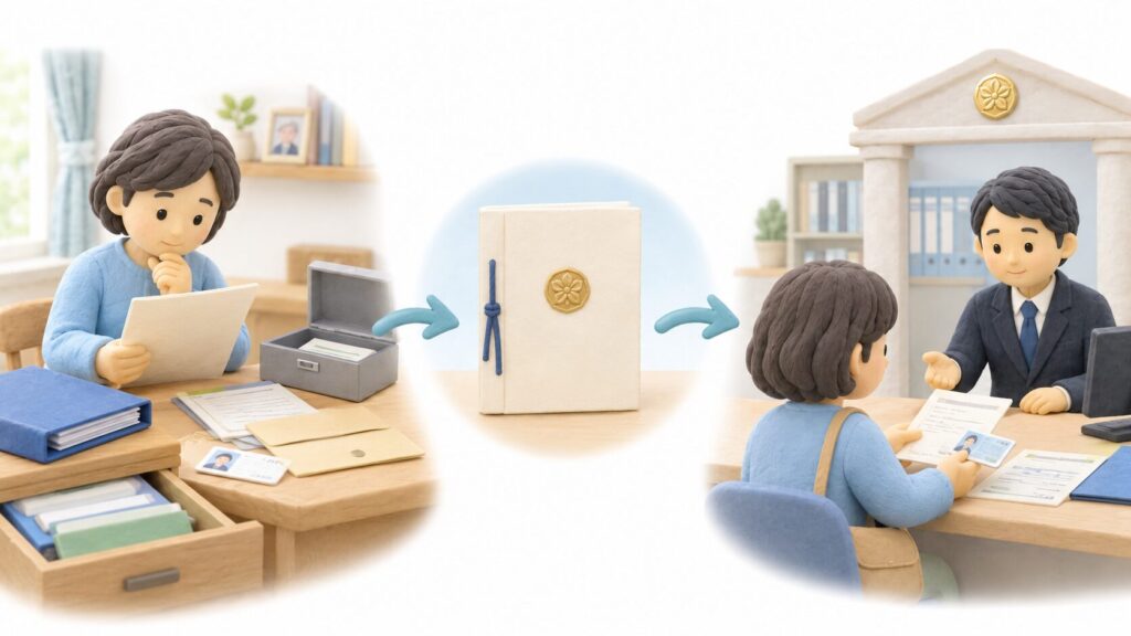 自宅で遺言書を探し、公証役場の窓口で公正証書遺言の有無を確認する相続人