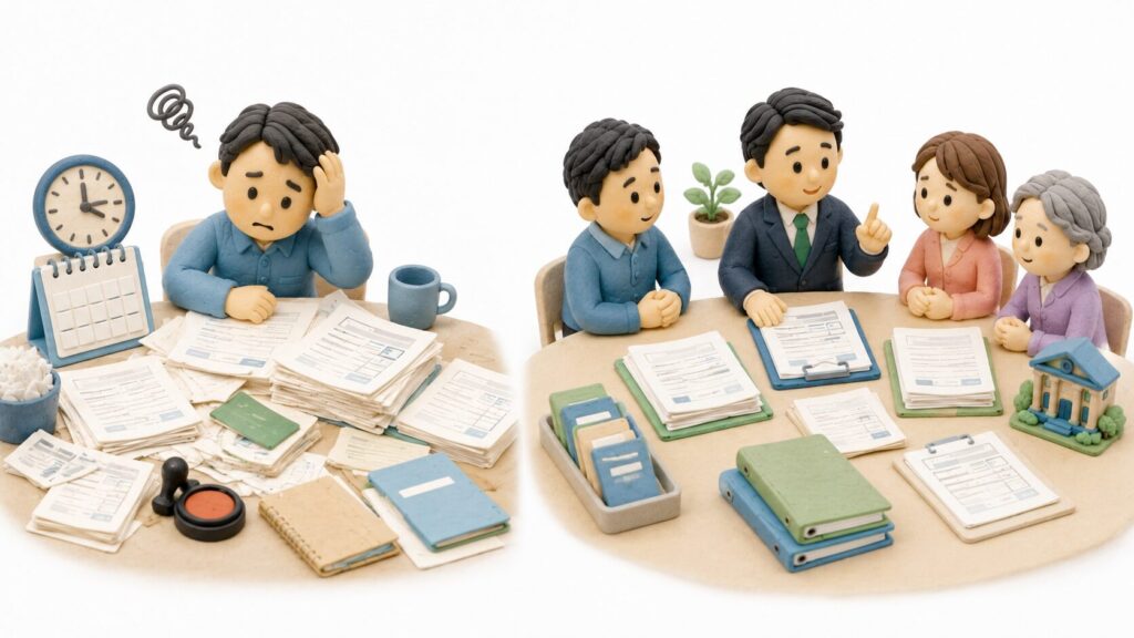 相続手続きを自分で進める場合と、行政書士へ依頼して整理しながら進める場合を比較した粘土細工風イラスト