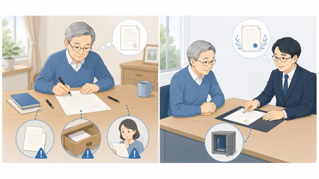 自宅で作成・保管する自筆証書遺言と、公証人が内容を確認して公証役場で原本を保管する公正証書遺言を比較したイラスト