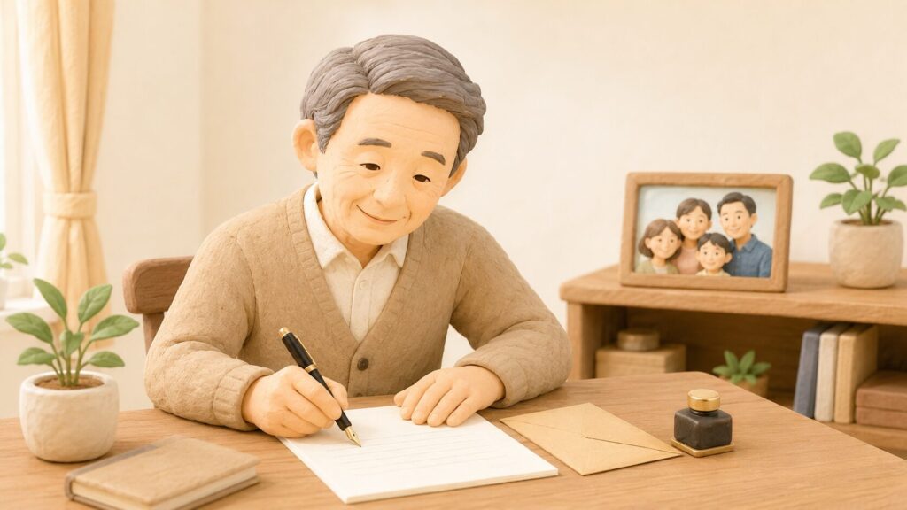 家族写真を見ながら、家族への感謝を込めて遺言書を書く高齢男性のイラスト