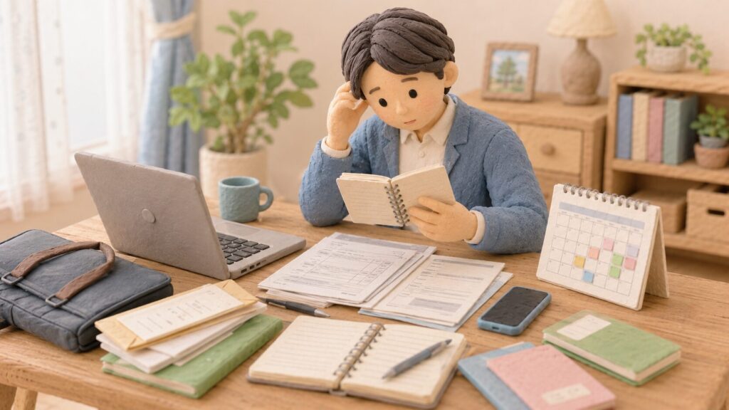 仕事用のノートパソコンと相続書類を前に、予定表を確認する会社員の子ども