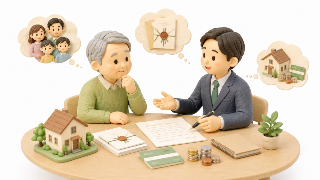 高齢の男性が行政書士に家族構成や財産を相談し、遺留分に配慮しながら公正証書遺言の内容を検討している3Dミニチュア風イラスト