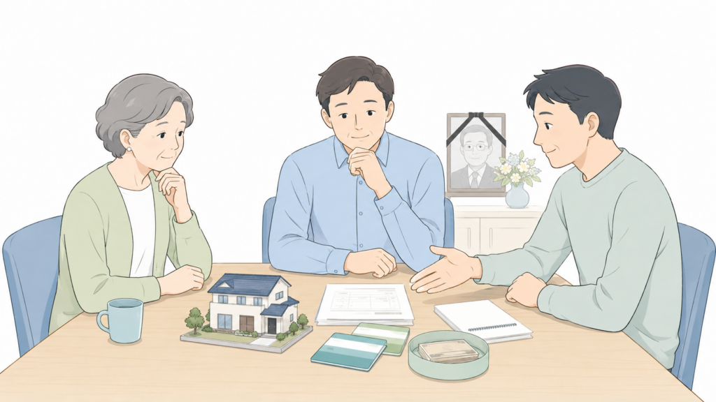 父の遺産について妻・長男・次男が遺産分割協議をしている様子