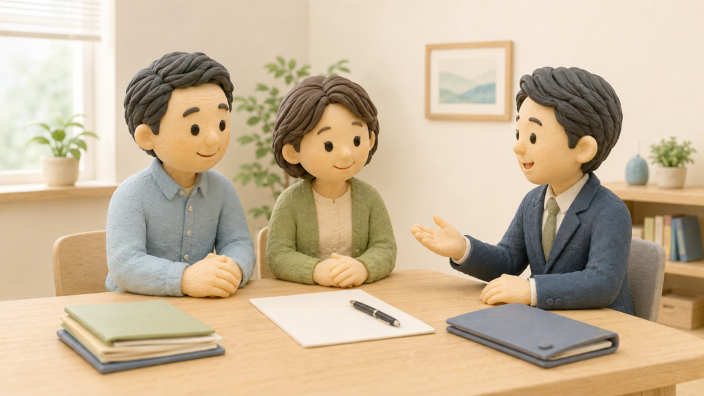 子どものいない中高年夫婦が、行政書士のような専門家に遺言作成について相談しているクレイアート風イラスト