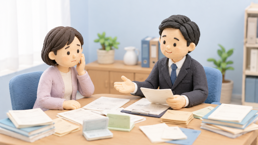 相続関係の書類を持参した相談者が行政書士に相談している粘土細工風イラスト