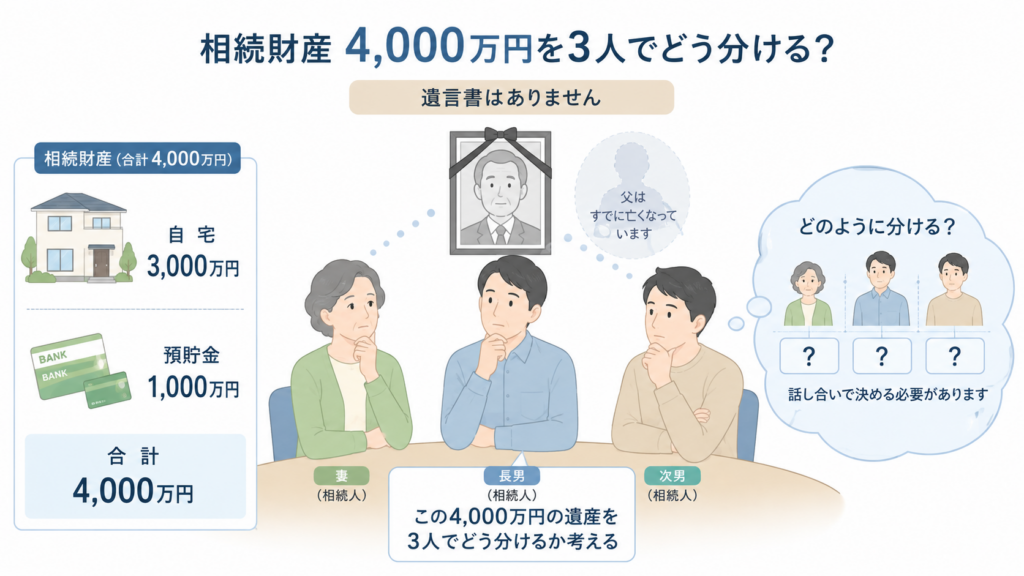 父が亡くなり、妻・長男・次男の3人が自宅3000万円と預貯金1000万円、合計4000万円の遺産の分け方を考えている相続のイラスト