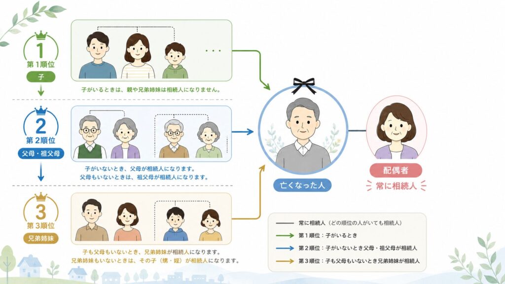 法定相続人の順位を、配偶者、子、父母・祖父母、兄弟姉妹の順に示した図解