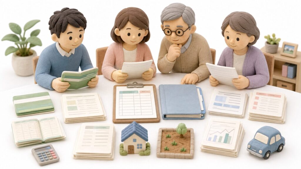 相続財産目録を作る前に、家族が通帳や不動産、証券、借入関係の資料を整理している粘土細工風イラスト