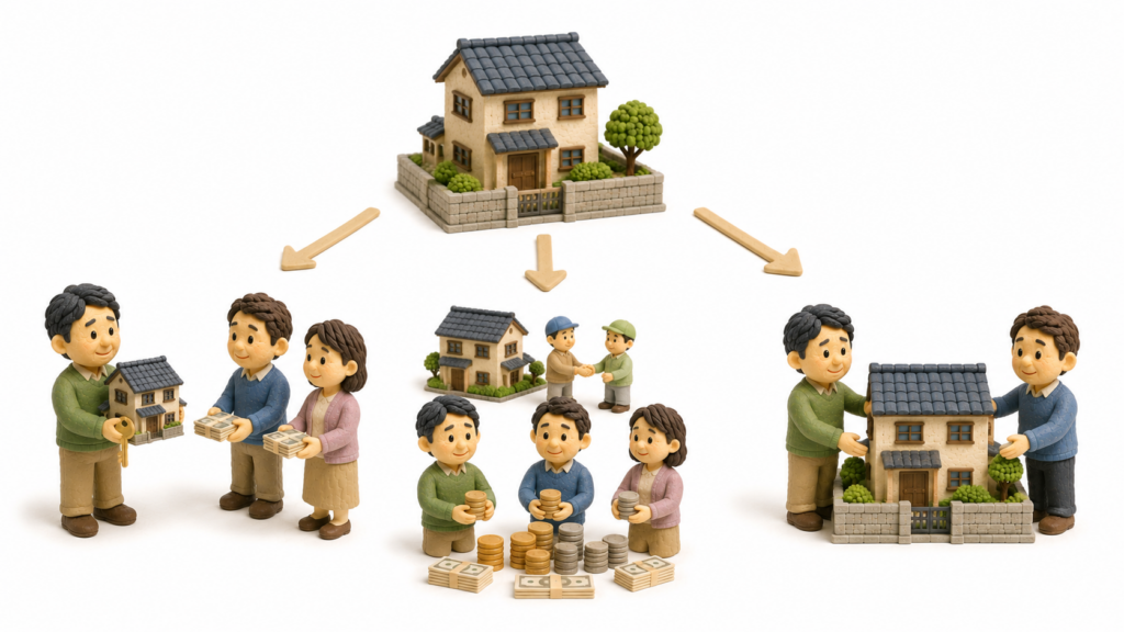 相続した実家について、1人が取得して他の相続人に現金を渡す代償分割、売却して代金を分ける換価分割、複数人で所有する共有を比較した図解