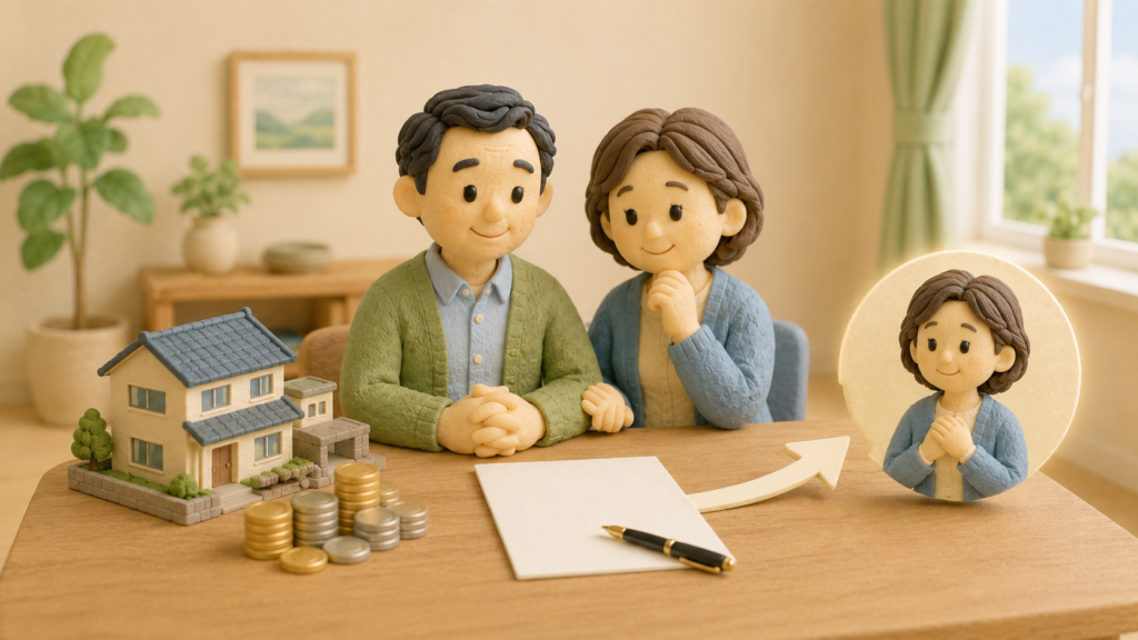 子どものいない中高年夫婦が、配偶者に財産を残すため遺言を準備している様子を表したクレイアート風イラスト