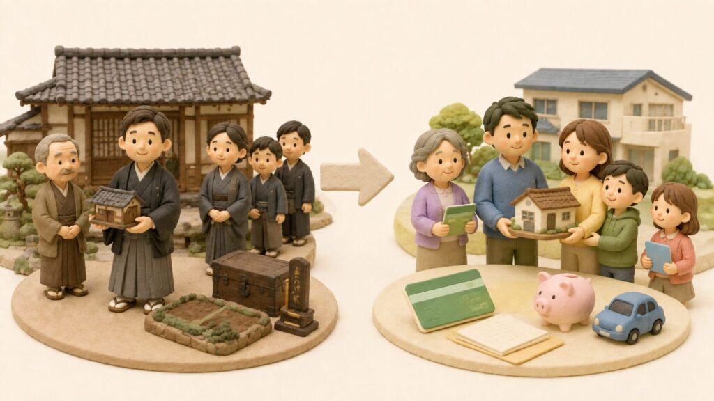 旧民法の家督相続で長男が家や土地を引き継ぐ様子と、現在の共同相続で配偶者と子どもが財産を承継する様子を対比したイラスト