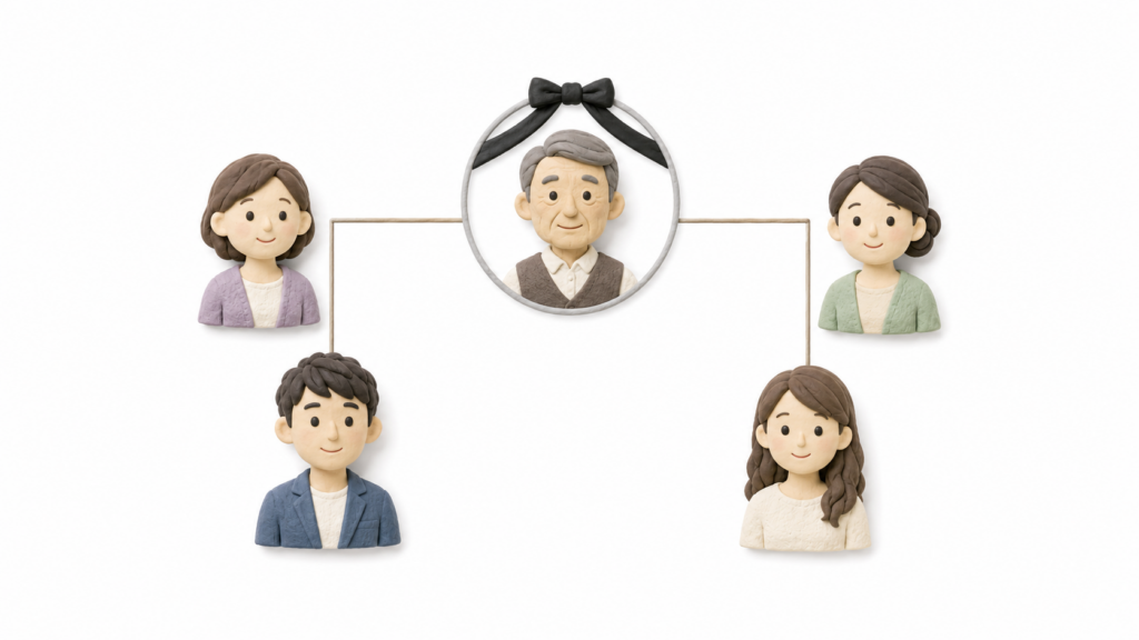 父親が同じで母親が異なる異母兄妹の家族関係を示した相続の家系図イラスト