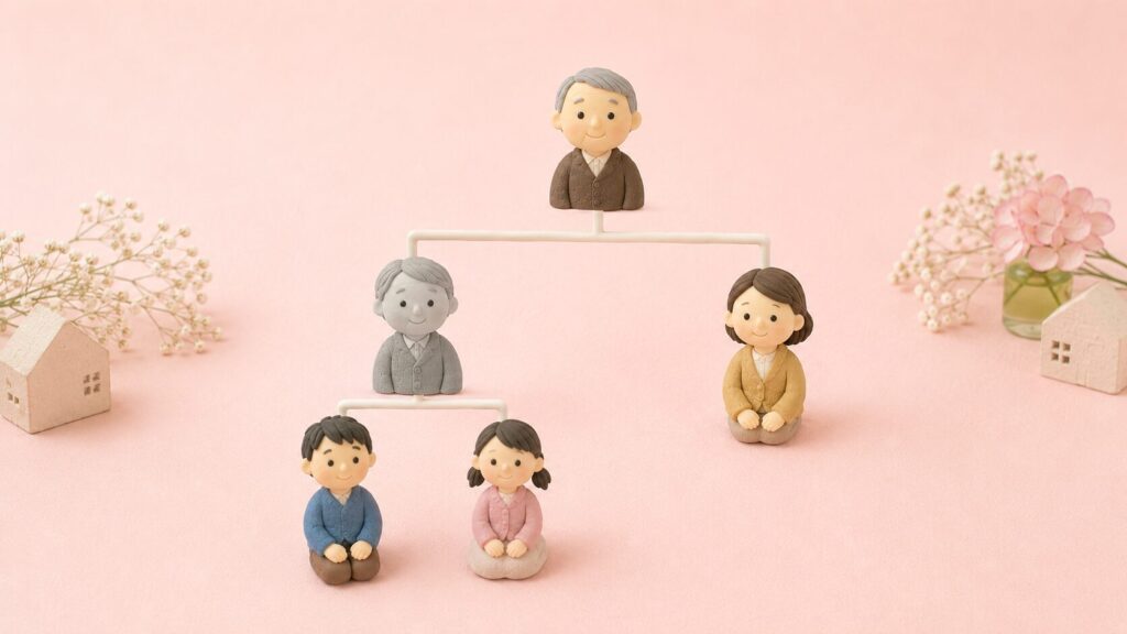 被相続人より先に亡くなった兄の相続分を、甥と姪が代襲相続する関係を表した粘土人形の家系図