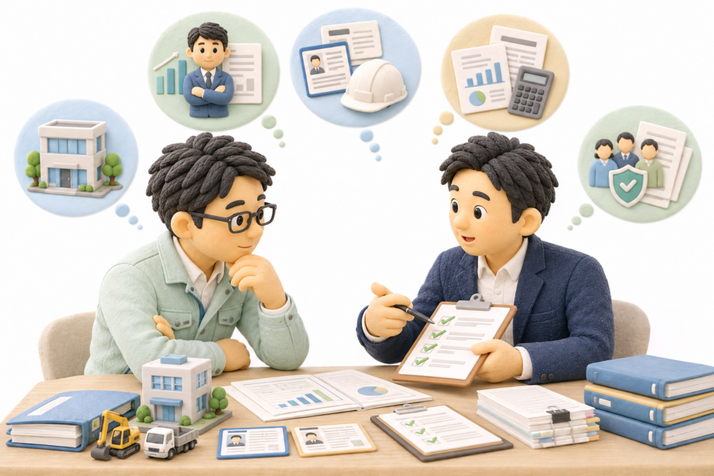 建設業許可の経営経験・技術資格・財産要件・営業所・社会保険を確認する行政書士と建設会社代表者