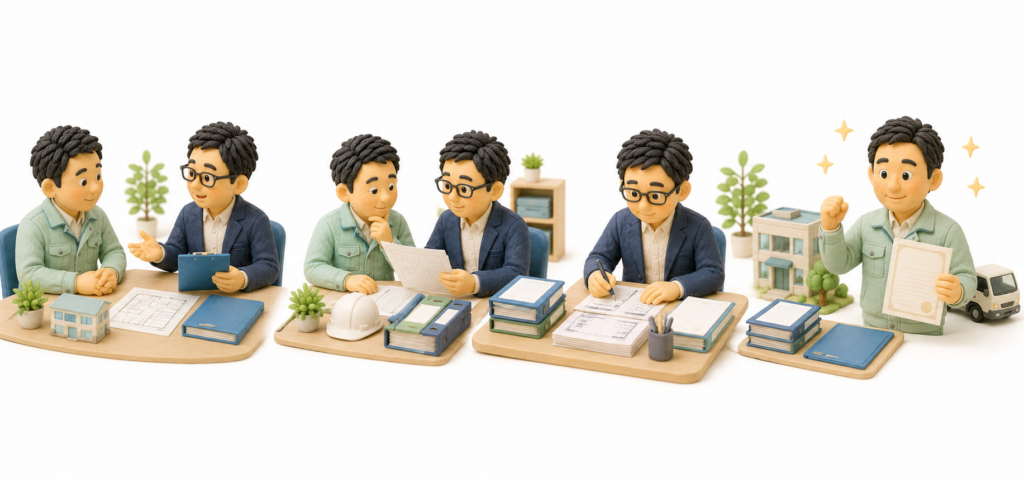 建設業許可の新規申請で相談から書類確認・申請準備・許可取得までの流れを表したイラスト