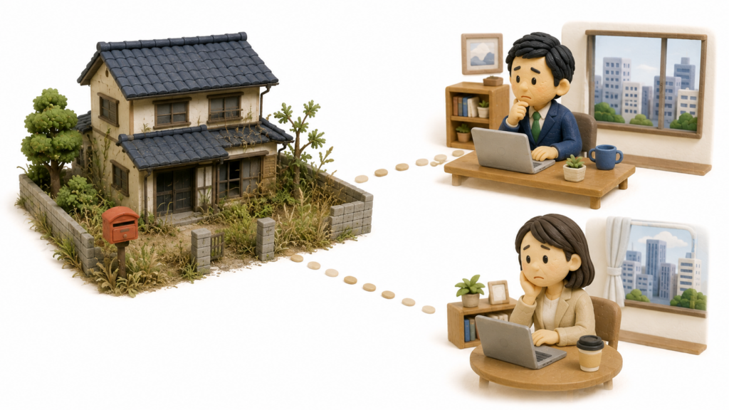 相続した地方の実家に誰も住まず、都市部で暮らす長男と長女が遠方から管理に悩んでいる様子を示したイラスト