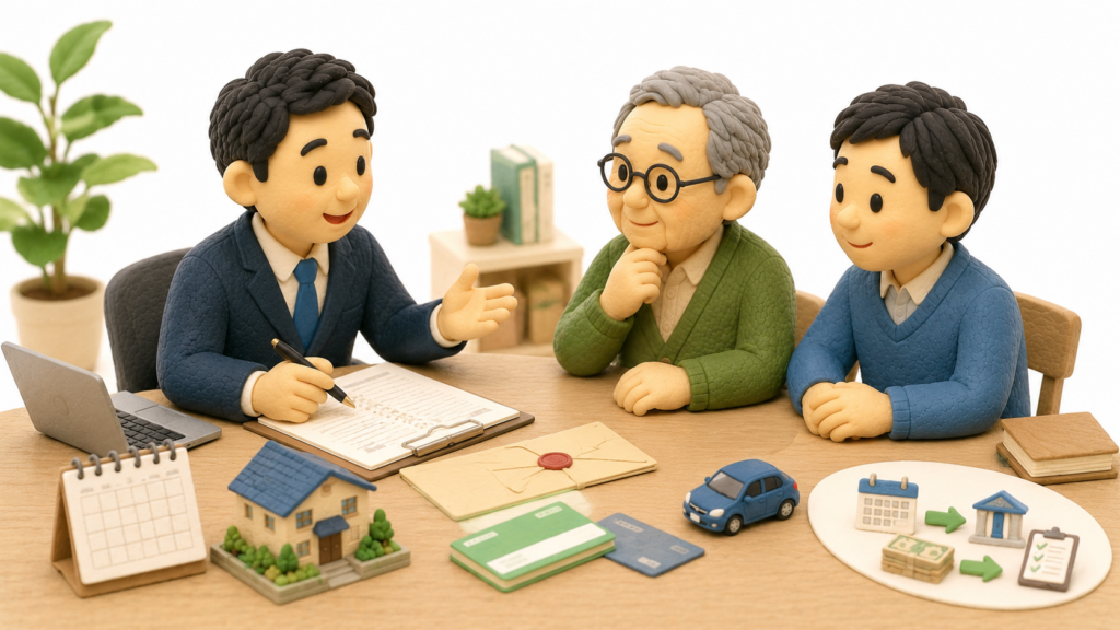 高齢の親と成人した子どもが、行政書士をイメージする専門家に生前贈与の時期や方法、贈与契約書について相談しているクレイ人形風イラスト。