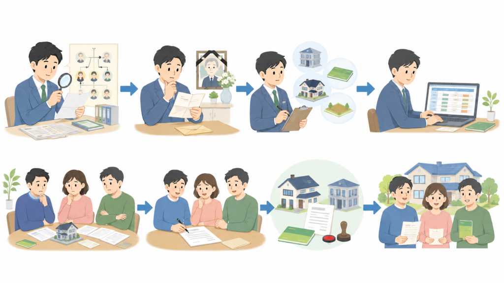 相続人の確認から遺産分割協議と名義変更までの相続手続きの流れを示すイラスト