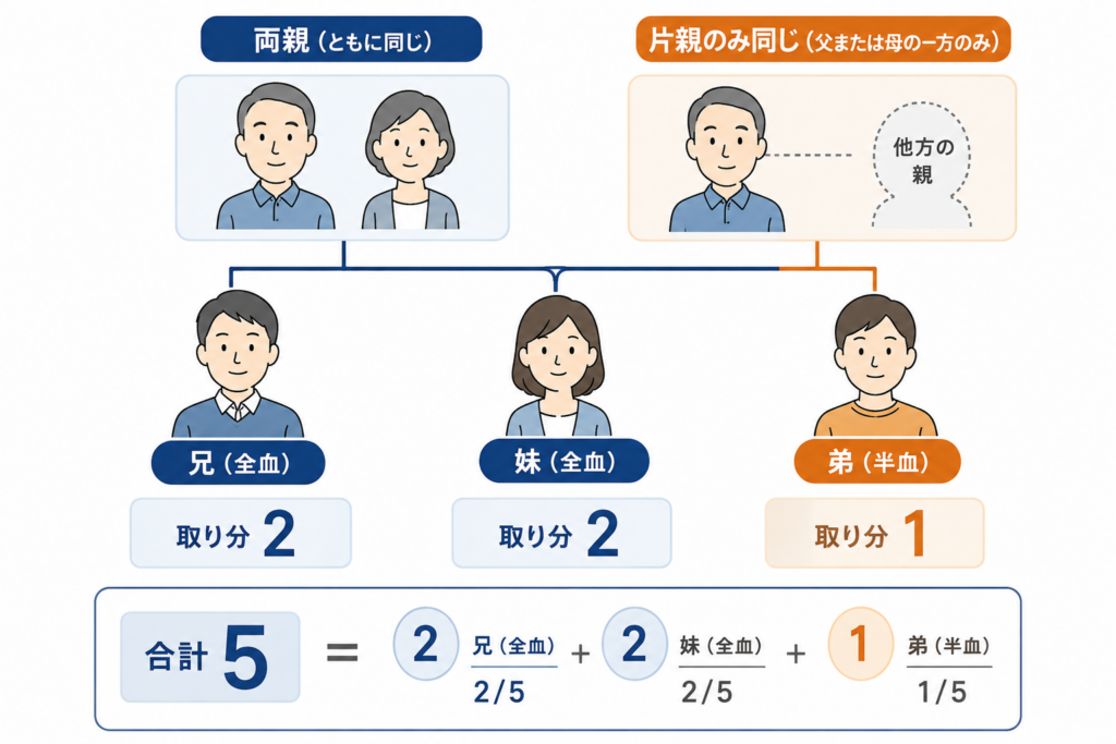 全血兄弟姉妹と半血兄弟姉妹の法定相続分の違いを示した図