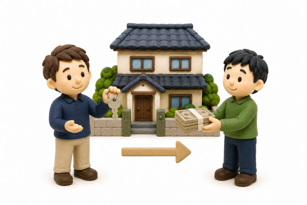 兄が実家を取得し、弟に代償金を支払う遺産分割の代償分割を表すイラスト