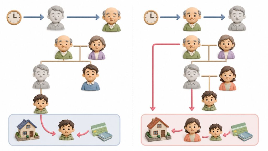 代襲相続と数次相続について、死亡した順番と相続人の違いを左右で比較した家系図風イラスト