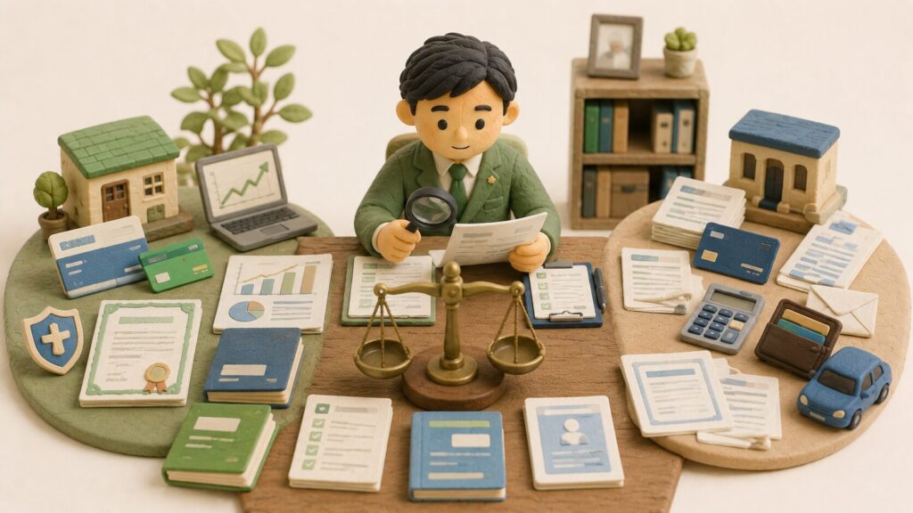 独身で一人暮らしだった男性の預金・証券・保険などの財産と、カードローンや請求書などの借金を調査するイラスト
