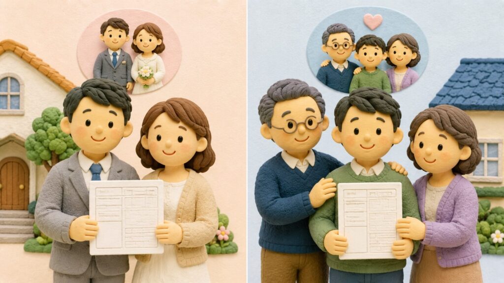 婚姻届を持つ夫婦と、妻の両親との養子縁組届を持つ夫を左右で比較したクレイアート風イラスト