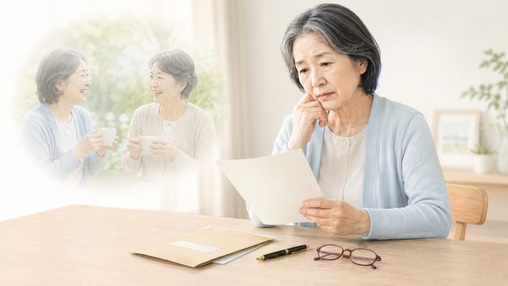 自宅で自筆証書遺言を見つめ、受遺者だった親しい女性を思い浮かべながら不安そうに考える高齢女性