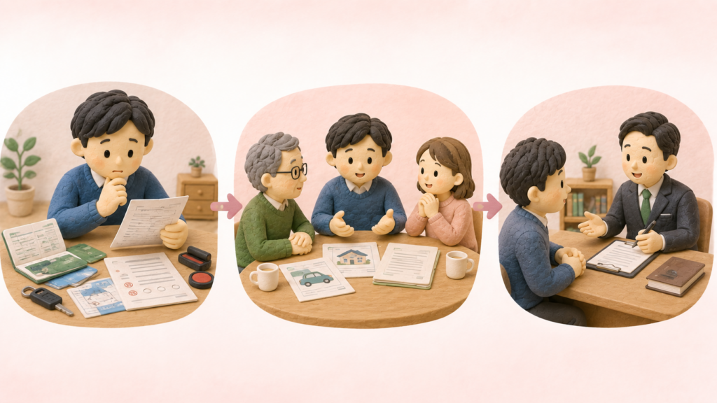 他の相続人に相続手続きを勝手に進められた場合に、書類を確認し、相続人同士で話し合い、必要に応じて専門家へ相談する流れを示したイラスト