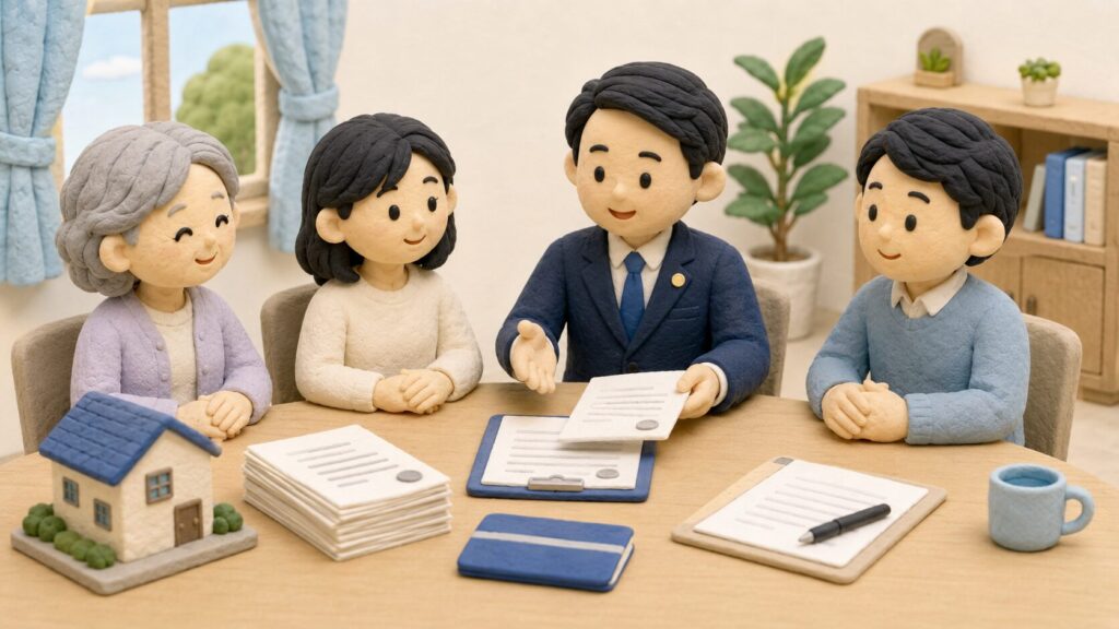 遺言で預貯金を受け取る予定だった長男が先に亡くなり、妻や子どもたちが行政書士から相続書類の説明を受けている相談場面