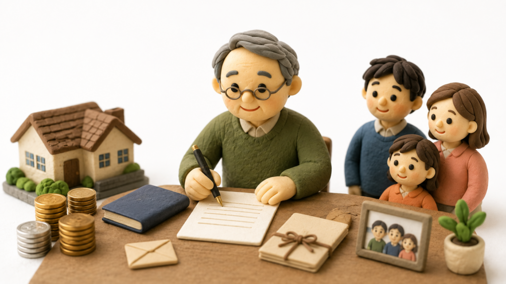 自宅や預金、家族のことを考えながら遺言書を作成する高齢の親を表したクレイアート風イラスト